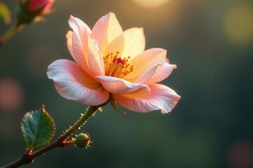 Naklejka premium A Delicate Pink Blossom Illuminated by Golden Hour Sunlight, Showing Intricate Petals and Dewdrop