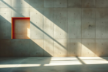 A minimalist architectural interior with a concrete wall and a vibrant red square window casting striking shadows.