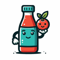 Cute ketchup bottle holding a tomato mascot logo vector illustration for food branding