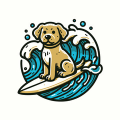 Cute dog riding a surfboard mascot logo vector illustration for beach and water sports
