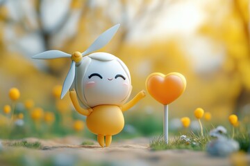 Adorable toy-like character with a propeller and heart-shaped sign in a vibrant field of yellow flowers, evoking happiness and love.