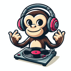 Cool DJ monkey spinning a turntable mascot logo vector illustration for music and entertainment