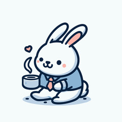 Cute business rabbit drinking tea mascot logo vector illustration for corporate and caf&eacute; branding