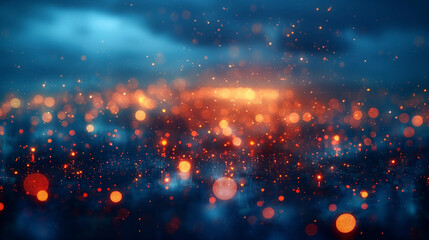 Obraz premium Captivating abstract background featuring glowing bokeh lights in warm tones against a cool blue backdrop.