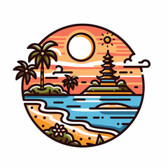 Beautiful tropical beach sunset with temple vector illustration logo for travel