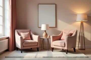 Peaceful Living Room Interior Design with Two Pink Armchairs, a Side Table, and Floor Lamp