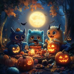 Fototapeta premium Adorable Monster Creatures Celebrate Halloween with Pumpkins