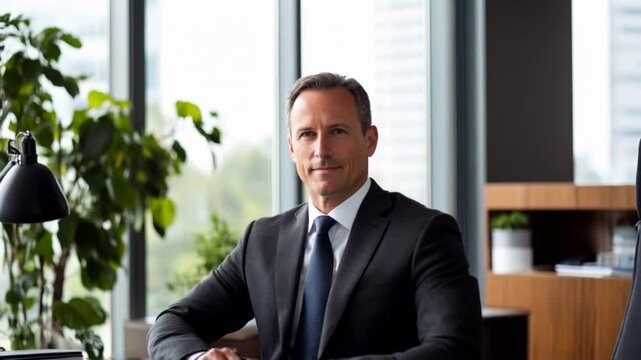 Description: A well-dressed businessman confidently posing at his desk in a modern office with greenery, large windows, and contemporary decor, highlighting professionalism and productivity.

