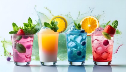 Colorful Mocktails- A set of layered mocktails with vibrant colors like pink, blue, and yellow