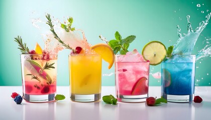Colorful Mocktails- A set of layered mocktails with vibrant colors like pink, blue, and yellow