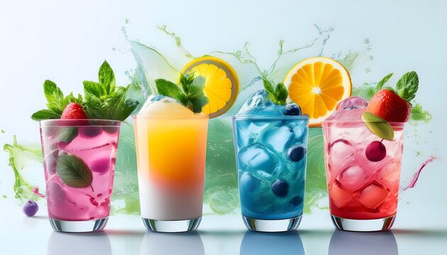 Colorful Mocktails- A set of layered mocktails with vibrant colors like pink, blue, and yellow