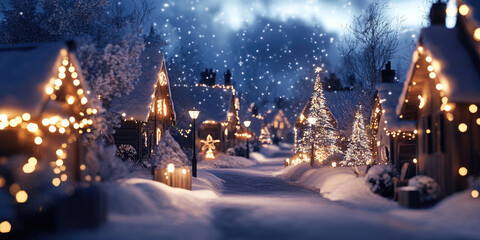 Obraz premium A Christmas Village with Softly Glowing Lights for a Magical Holiday Scene and Seasonal Beauty