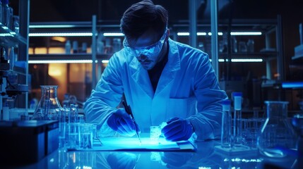 Concentrated Scientist Working Late in a Modern Laboratory