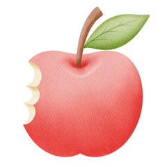 Watercolor Red apple there are bite marks.