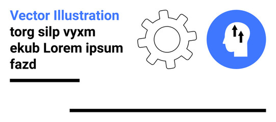 Gear icon and head with upward arrows symbolizing process, improvement, growth. Placeholder text and minimalist lines. Ideal for business, strategy, innovation, progress, education development