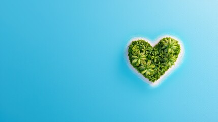 A heart-shaped island made of lush greenery floats in a vibrant blue ocean, symbolizing love and nature's beauty.