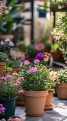 Vibrant outdoor flower pots in a sunlit garden setting