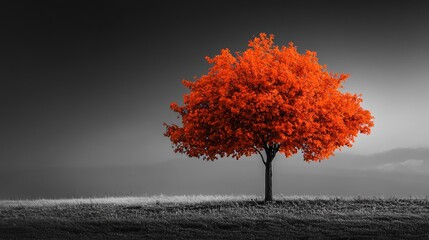 Big orange tree in a black and white landscape scene