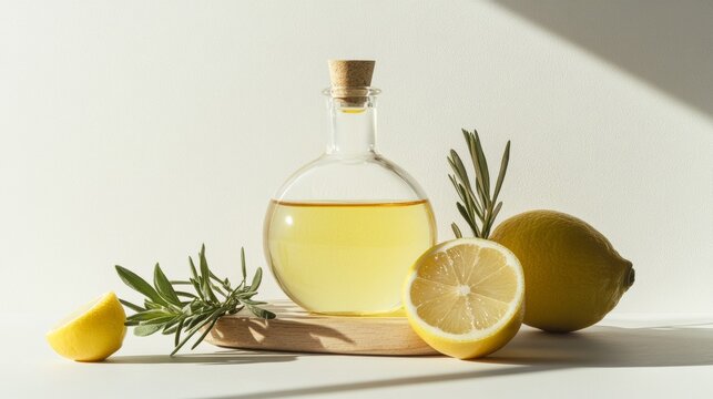 The bottle of Essence is on the pedistal. Lotion on a white background. Cosmetics for skin health. Aromo Oil. Serums with vitamin C. Unisex cosmetics. Mockup. 