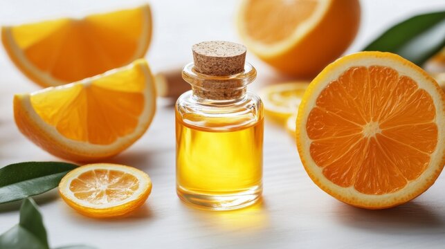 The bottle of Essence is on the pedistal. Lotion on a white background. Cosmetics for skin health. Aromo Oil. Serums with vitamin C. Unisex cosmetics. Mockup. 