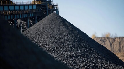 A coal stockpile with conveyor belts moving black mineral deposits.