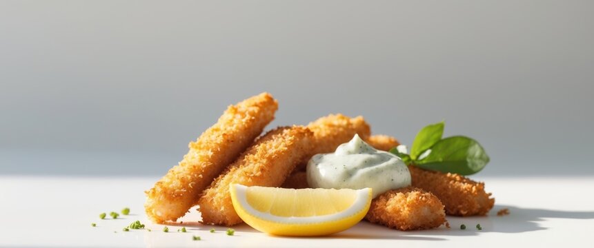 Crispy Breaded Fish Sticks with Lemon and Sauce