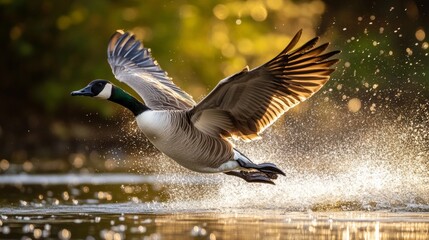 Obraz premium A close up of a Canada goose in flight with wings and feet down and water spray behind it. 