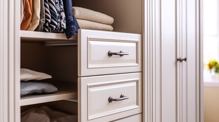 A custom-built wardrobe with adjustable shelves and sleek metal handles.