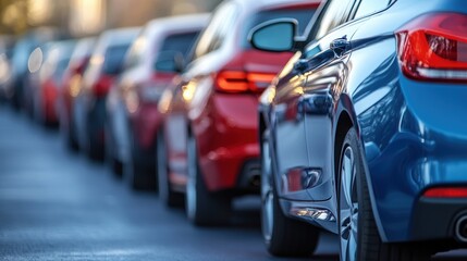 Obraz premium A well-maintained row of pre-owned cars with an emphasis on their reliability and competitive prices at a used car lot.