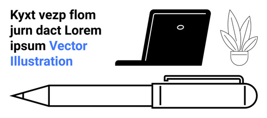 Pen, open laptop, and potted plant in a clean, minimalist style. Ideal for writing, work, digital tools, education creativity remote work productivity. Perfect as flat landing page banner