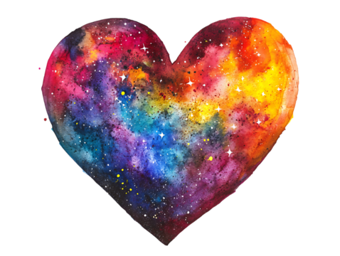 A vibrant watercolor painting depicts a heart shape filled with a colorful cosmic nebula and stars on png 