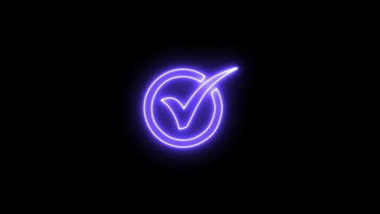 Neon successful symbol, check mark, tick mark. Glowing neon Tick mark icon isolated illustration.