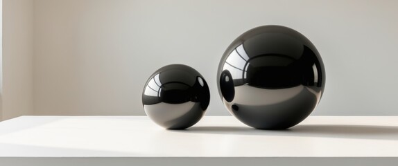 Two black round objects on a white table.