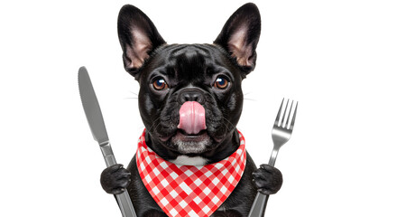 French Bulldog Portrait – Black Fur, Tongue Out, Checkered Bandana, Humorous Digital Art