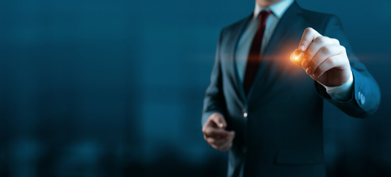 The businessman touch virtual screen. Man presses virtual button. Business Technology Concept - Powered by Adobe