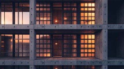 Close-up of office building exterior or interior fragment in twilight. Grid structures, windows and steel girders. Grunge abstract modern architecture or technology background in hi-tech style.