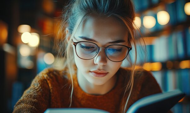 A close-up shot of a focused European female student in glasses, writing on a notebook while glancing at a tablet, deep in thought, warm indoor lighting, blurred university library shelves  - Powered by Adobe