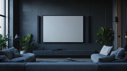 Blank TV screen in modern dark interior with gray sofa in darkness mock up, front view. TV in living room interior background, empty TV display template, 3d render
