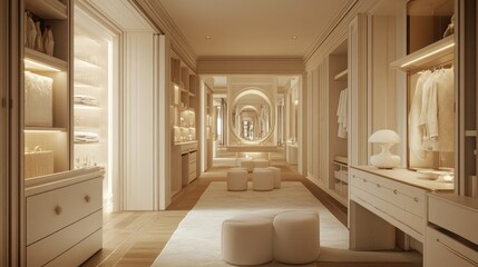 A luxury walk-in closet with coordinated white storage units and soft lighting.