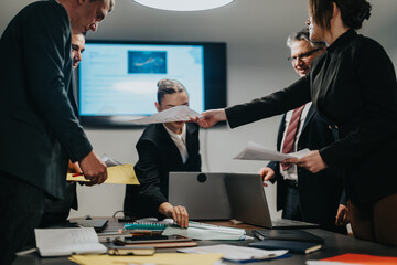 A group of business professionals actively engaged in a collaborative meeting, reviewing documents and analyzing data presented on a screen in a modern corporate environment.
