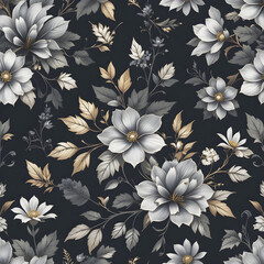 A dark floral pattern featuring elegant grey and gold flowers and leaves on a deep charcoal background. 