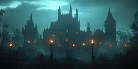 Fototapeta premium A Dark Enchanted Castle with Glowing Torches for Fantasy, Gothic, and Mystical Design Projects