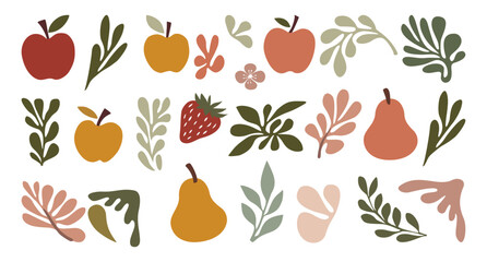 Hand drawn abstract fruits set with leaves and organic shapes. Collection of apple, pear, strawberry vector illustrations in mid century retro style isolated on transparent background. 