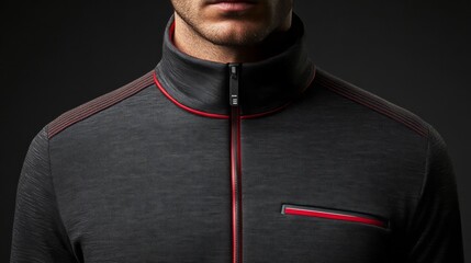 Man wearing a sleek zippered jacket with red accents