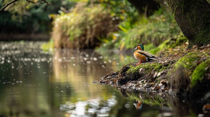 Male mandarin duck, aix galericulata sitting by the edge of a lake at Margam Country Park, Port Talbot, South Wales, UK