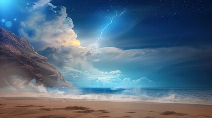 Naklejka premium Dramatic Thunderstorm Over Serene Beach at Night Under Starry Sky