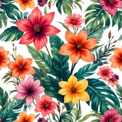 Vibrant tropical floral pattern on a white background, suitable for fabric design