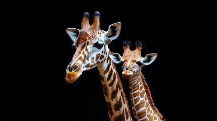 Obraz premium Mom And Baby Giraffe Face Black Background