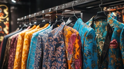 Obraz premium A selection of dress suits arranged on hangers in a showroom.