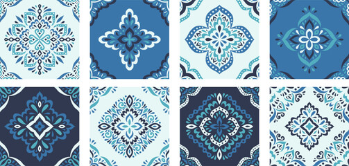 Collection of Moroccan style seamless pattern. Creative mediterranean interior design. Ethnic ornament swatch set. Azulejos tiles vector illustration. Modern Spanish talavera.